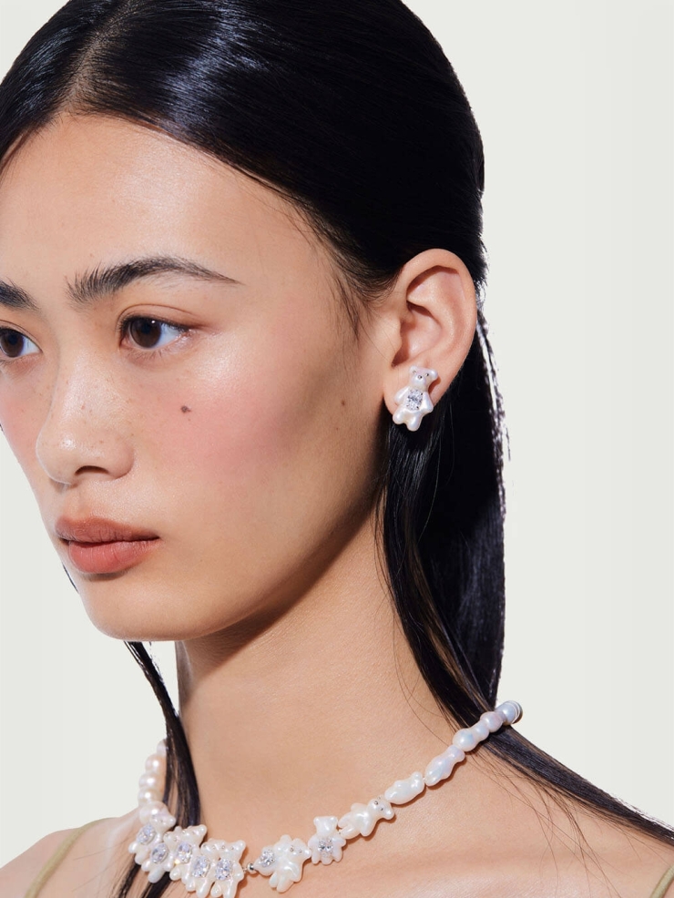White Mini Pearl Bear Earrings - Small