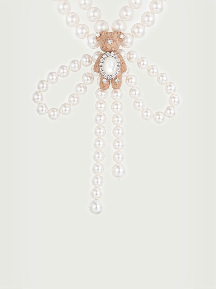 White Wooden Bear Bow Necklace