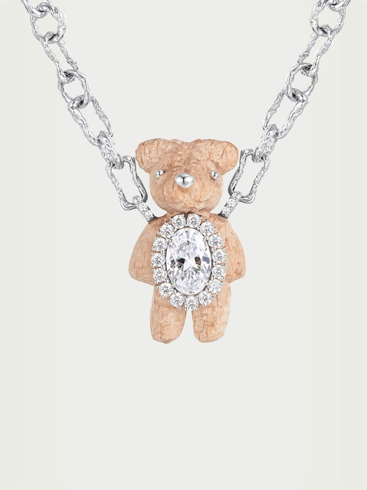 White Wooden Bear with Texture Necklace