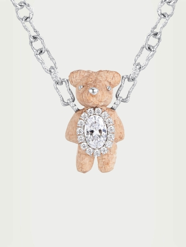 White Wooden Bear with Texture Necklace