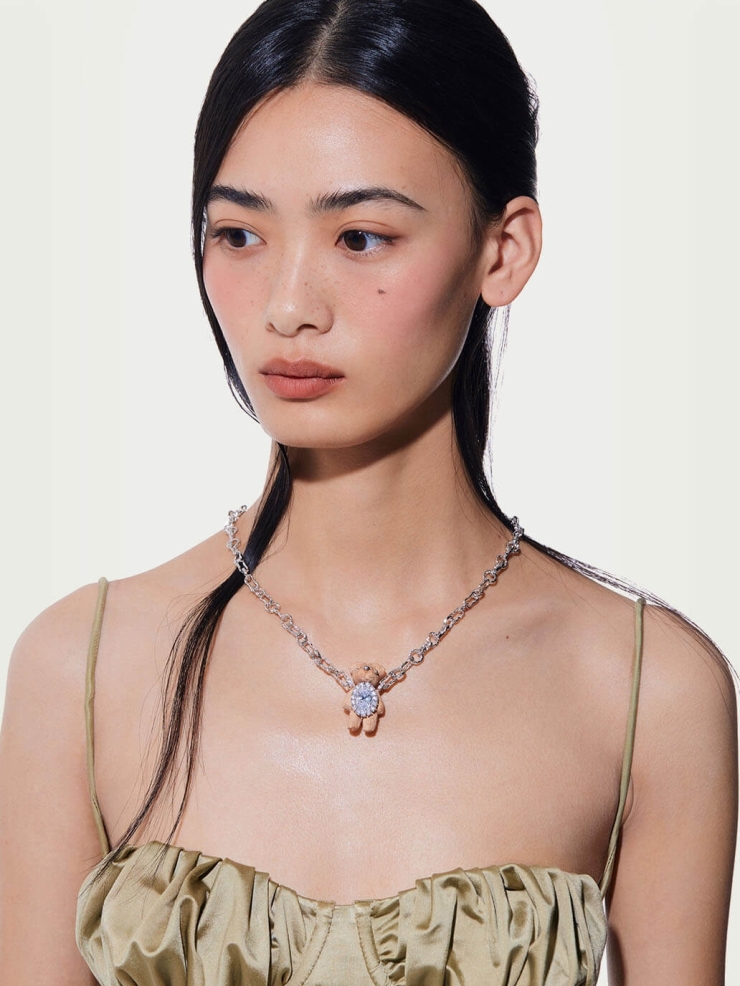 White Wooden Bear with Texture Necklace