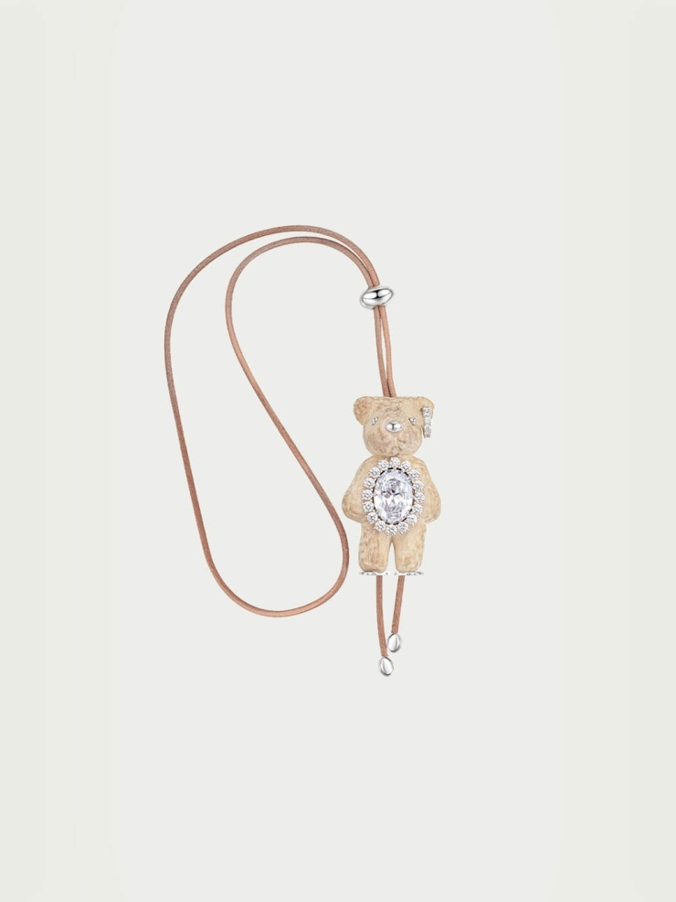 White Wooden Bear Adjustable Leather Necklace