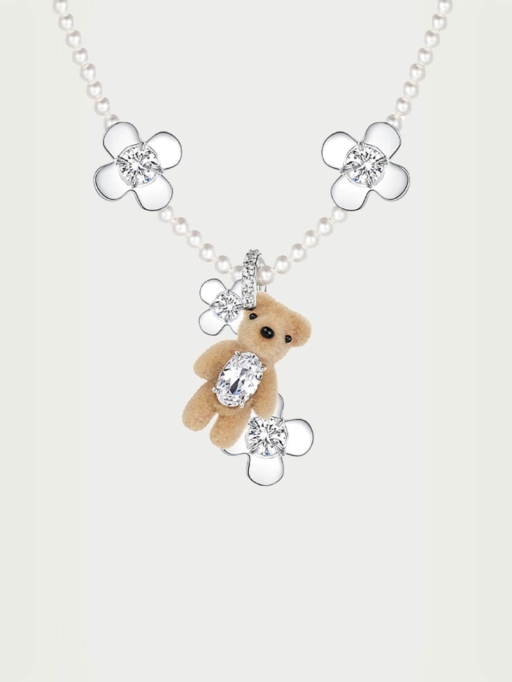 Brown Mini-Bear Flower Pearl Necklace
