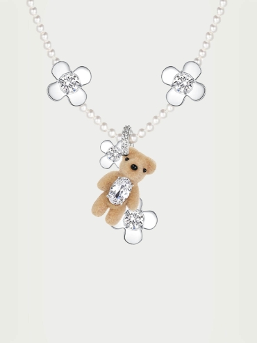 Brown Mini-Bear Flower Pearl Necklace