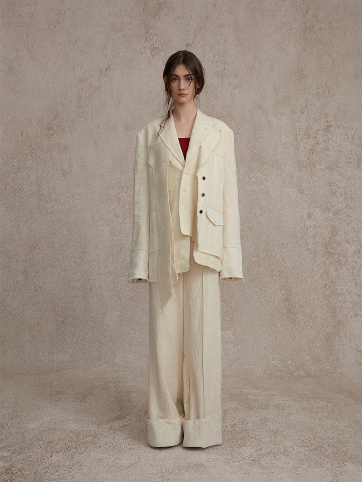 White Fake Two Piece Deconstructed Blend Suit