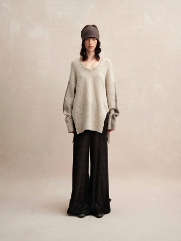 Beige Raw Edge Colorblock Sweater