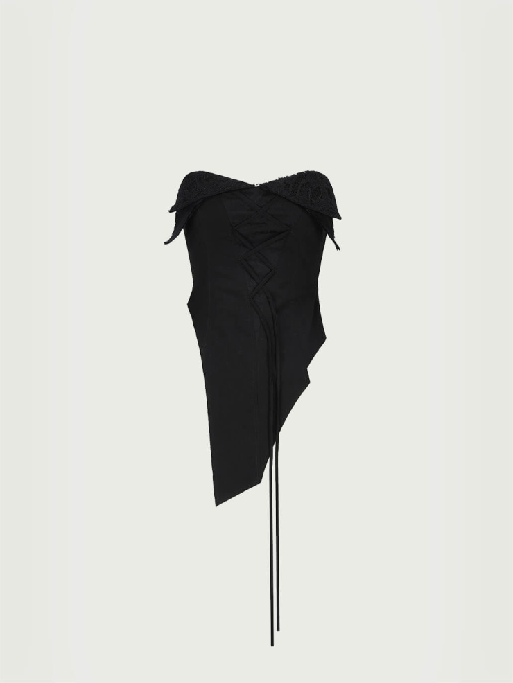 Black Split Lace Fold Over Tube Top