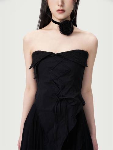 Black Split Lace Fold Over Tube Top