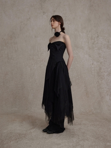 Black Split Lace Fold Over Tube Top