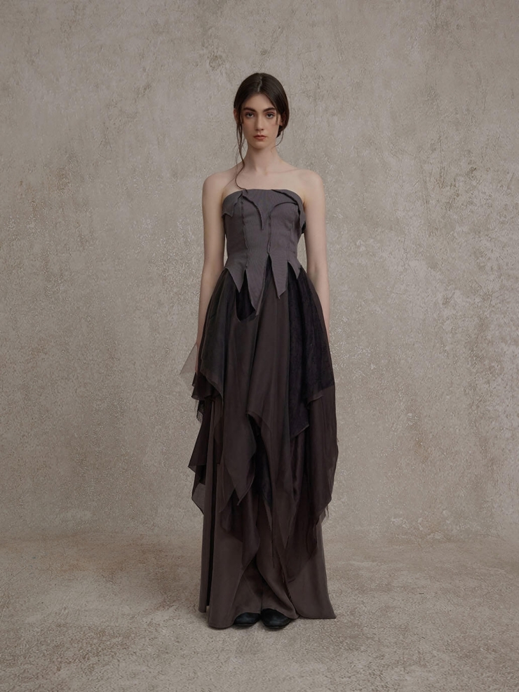 Gray Purple Dress with Pointed Hem and Tube Top