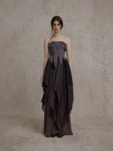Gray Purple Dress with Pointed Hem and Tube Top