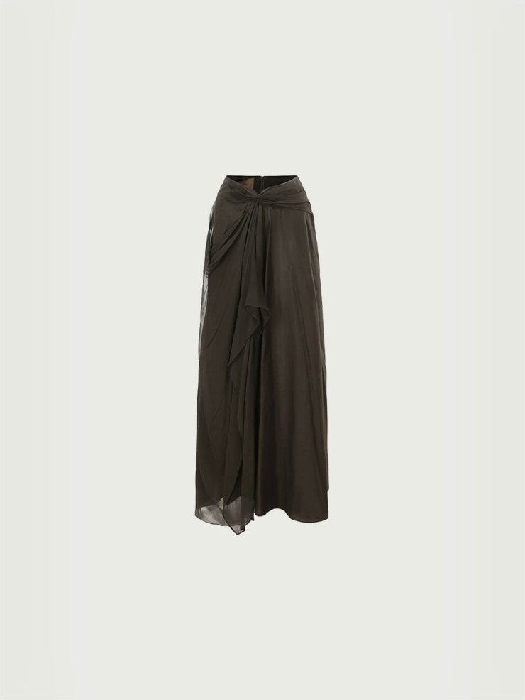 Olive silk draped half skirt