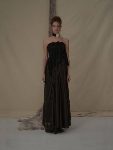 Olive silk draped half skirt