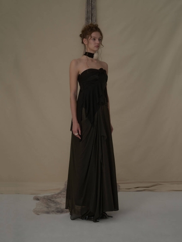 Olive silk draped half skirt