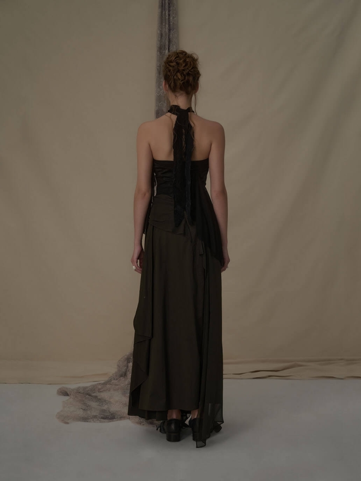 Olive silk draped half skirt