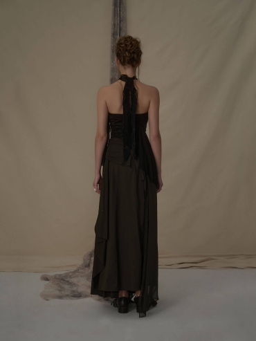 Olive silk draped half skirt