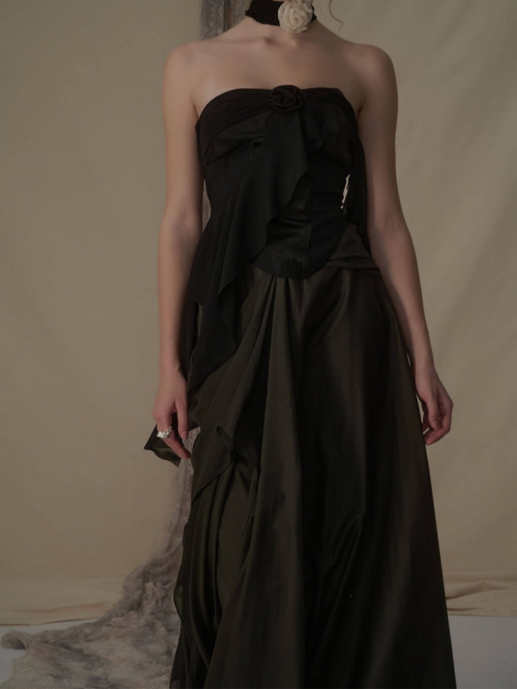 Olive silk draped half skirt