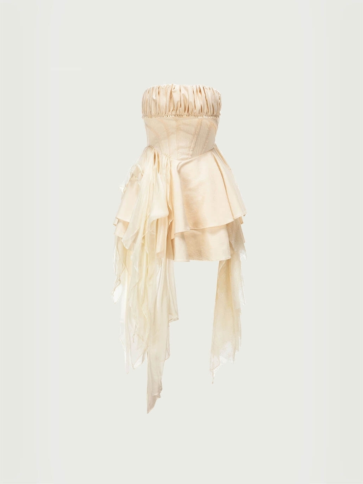 Off-white pleated strapless mini dress