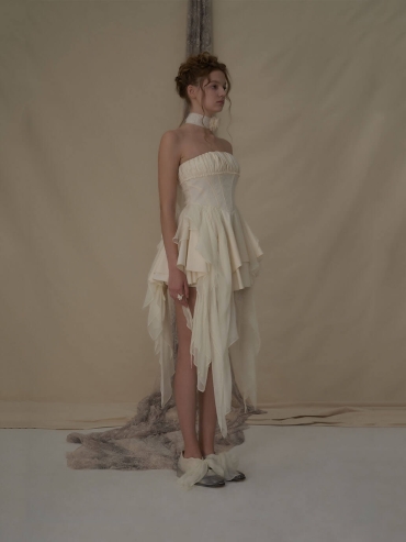 Off-white pleated strapless mini dress