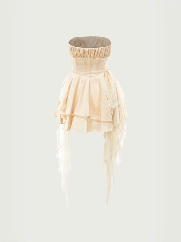 Off-white pleated strapless mini dress