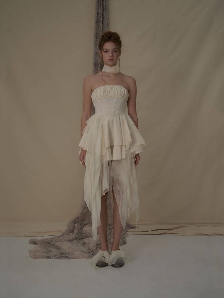 Off-white pleated strapless mini dress