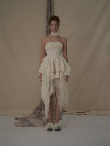 Off-white pleated strapless mini dress
