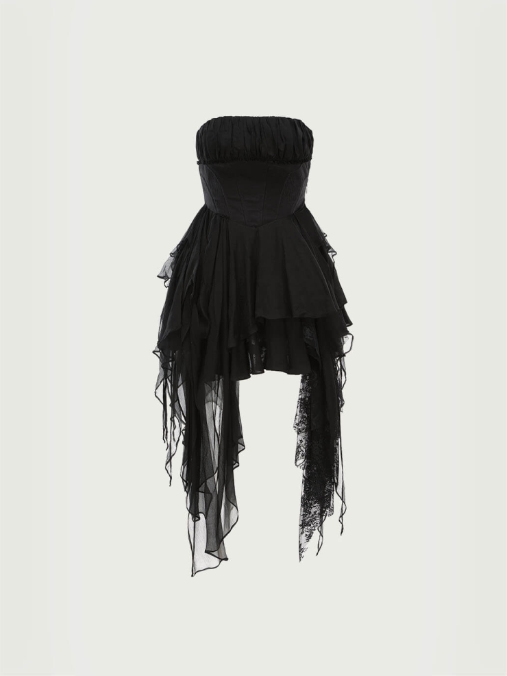 Black pleated strapless mini dress