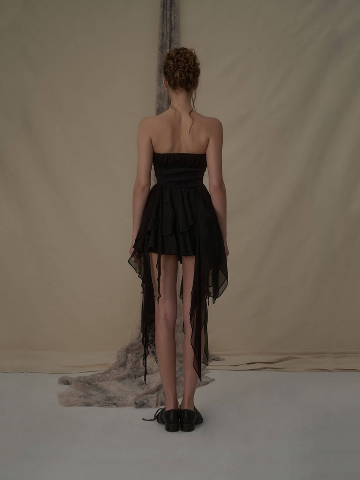Black pleated strapless mini dress