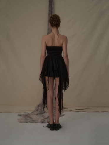Black pleated strapless mini dress