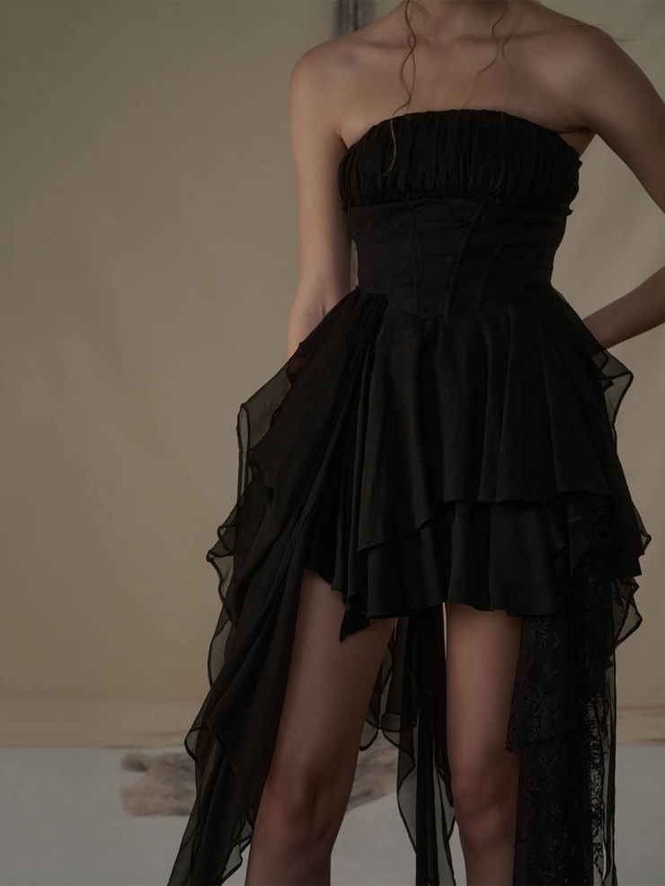 Black pleated strapless mini dress