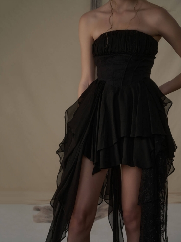 Black pleated strapless mini dress