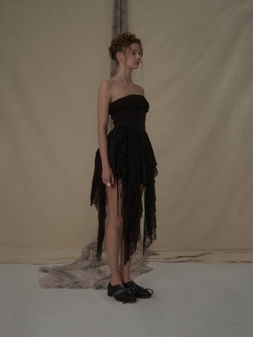 Black pleated strapless mini dress