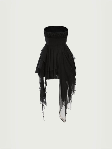 Black pleated strapless mini dress