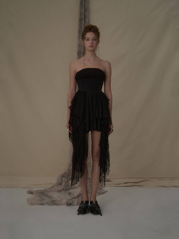 Black pleated strapless mini dress
