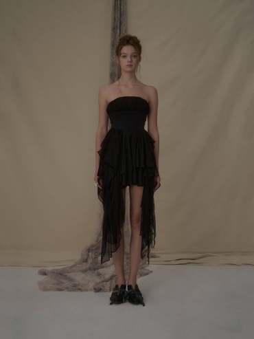 Black pleated strapless mini dress