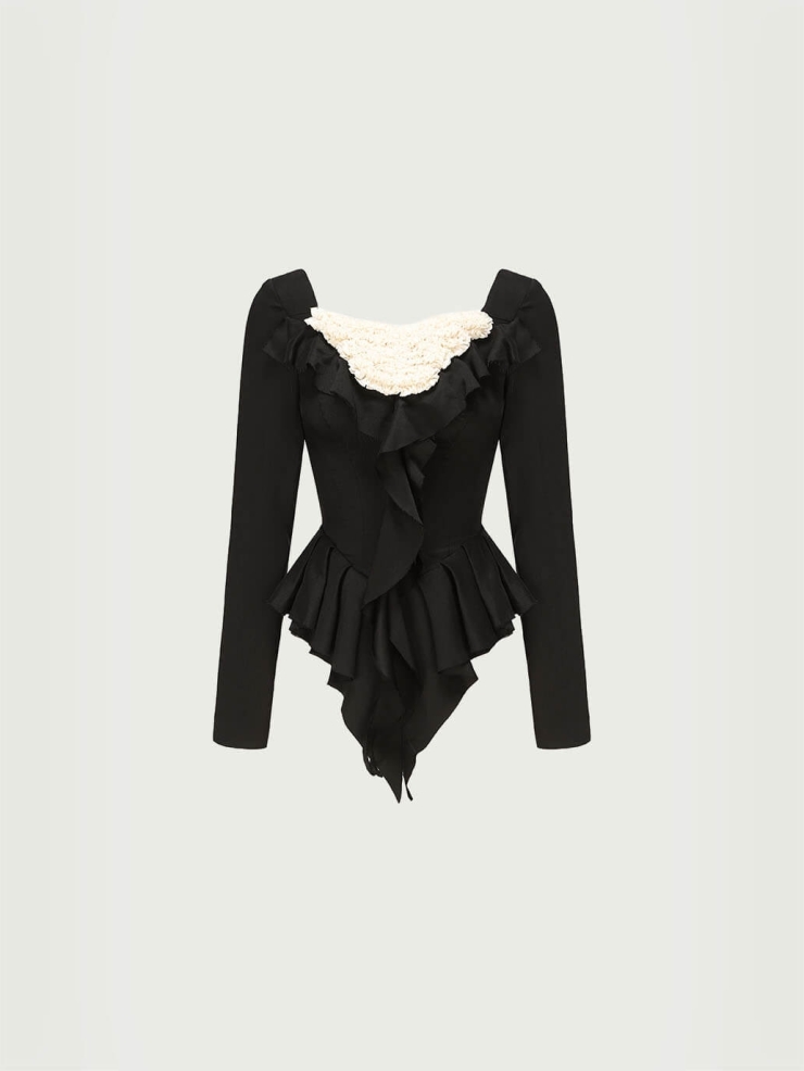 Black and white contrast pleated lace-trimmed top