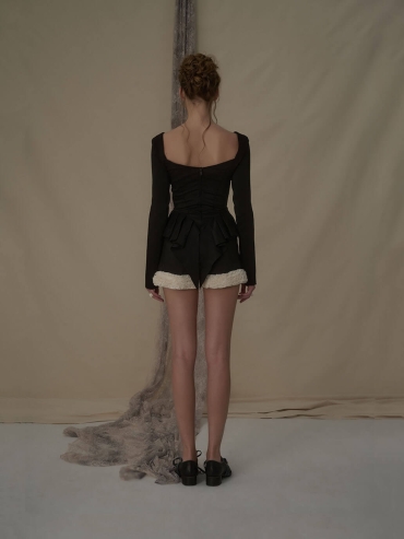Black and white contrast pleated lace-trimmed top