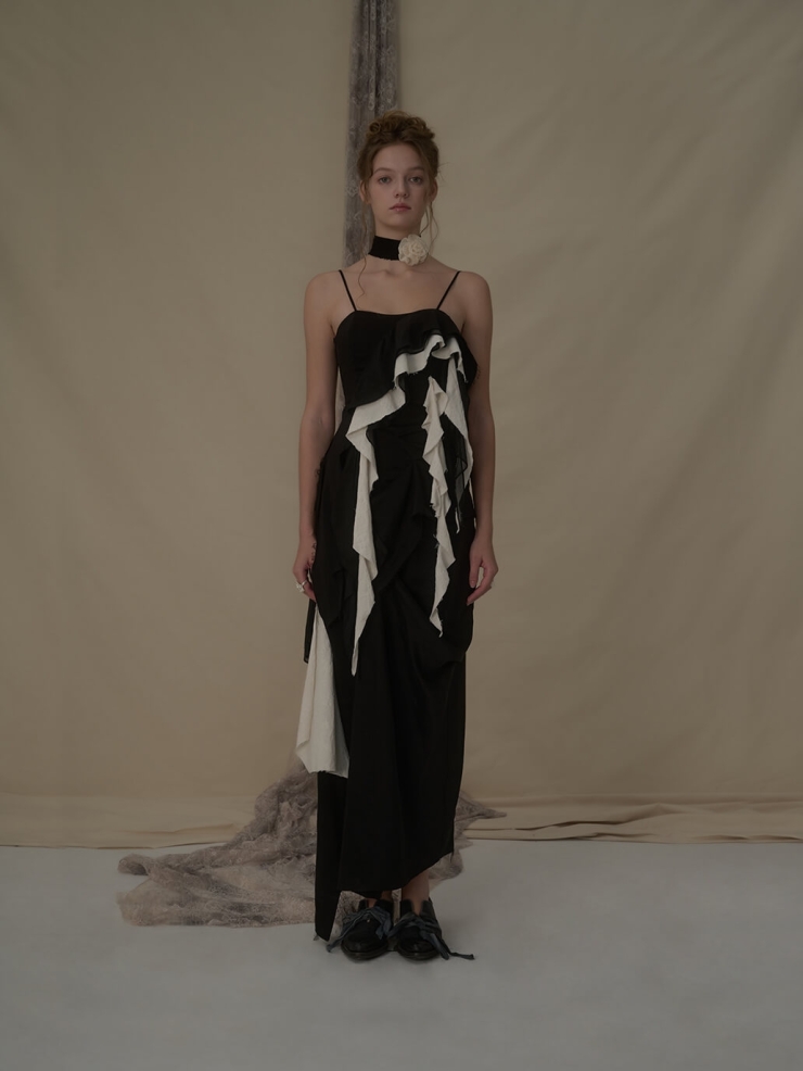 Black and white deconstructed flutter piece camisole long dress