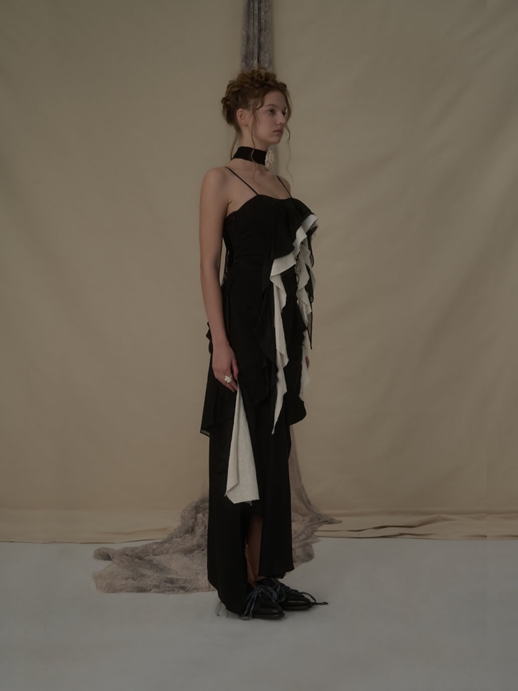 Black and white deconstructed flutter piece camisole long dress