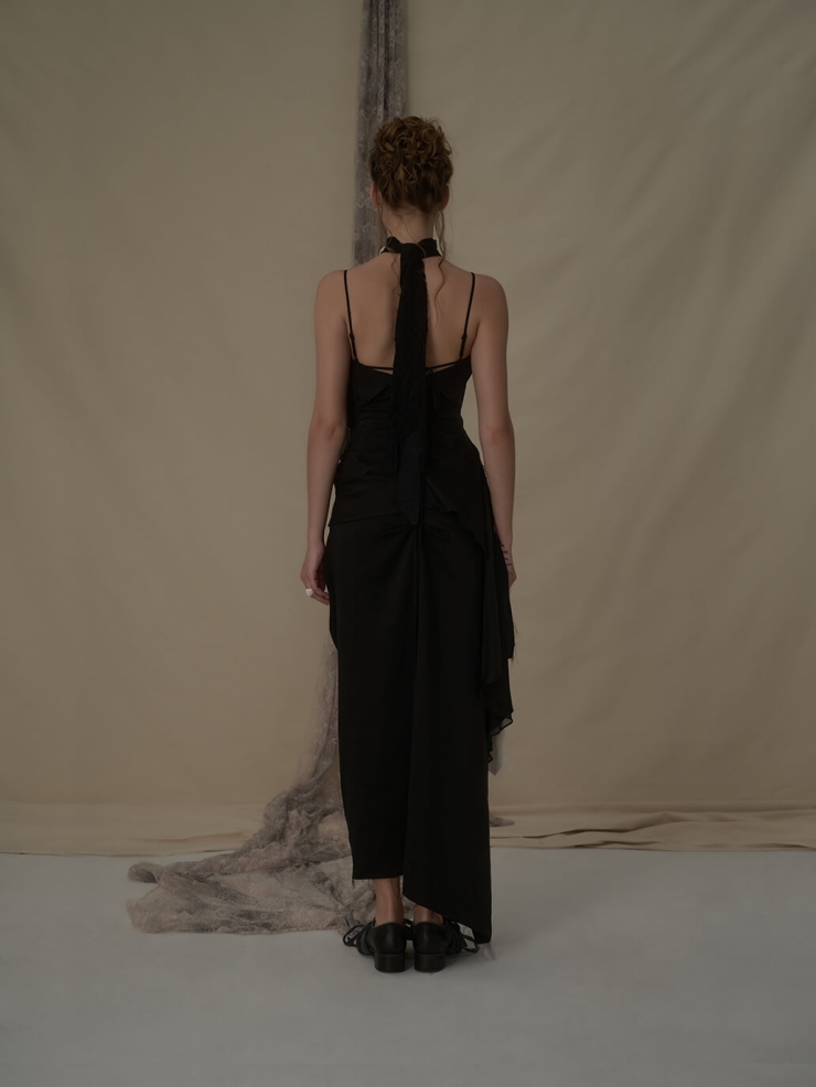 Black and white deconstructed flutter piece camisole long dress