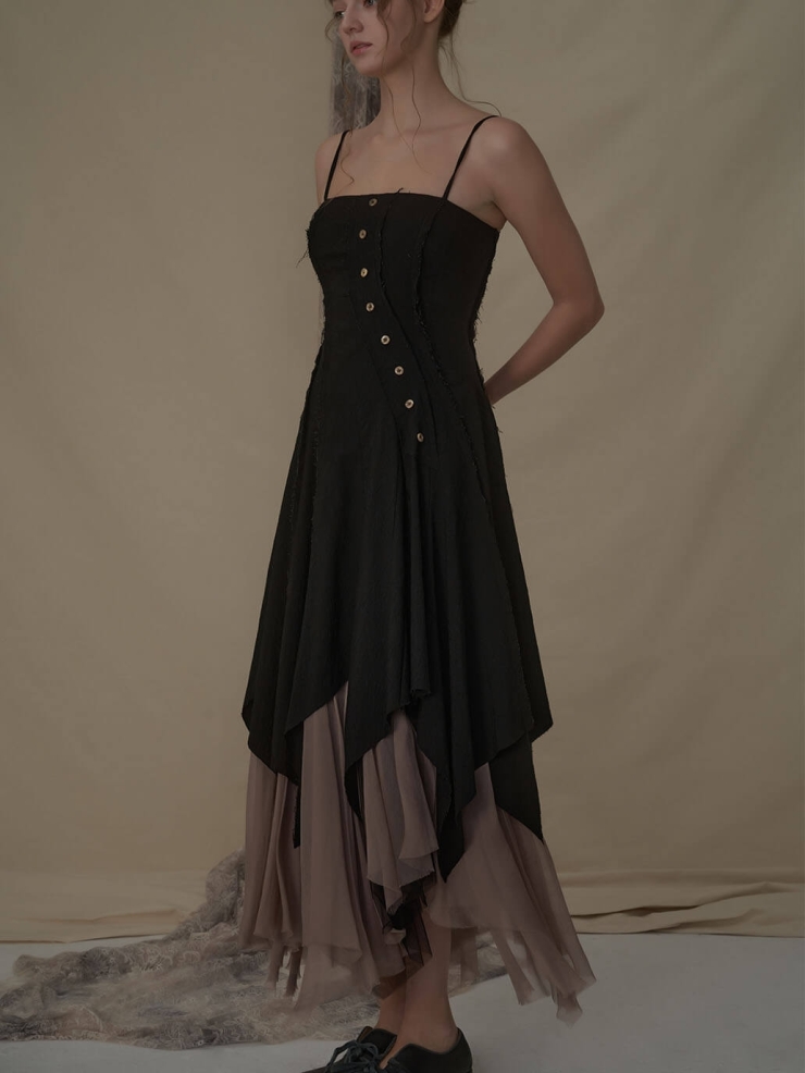 Black slant split camisole dress