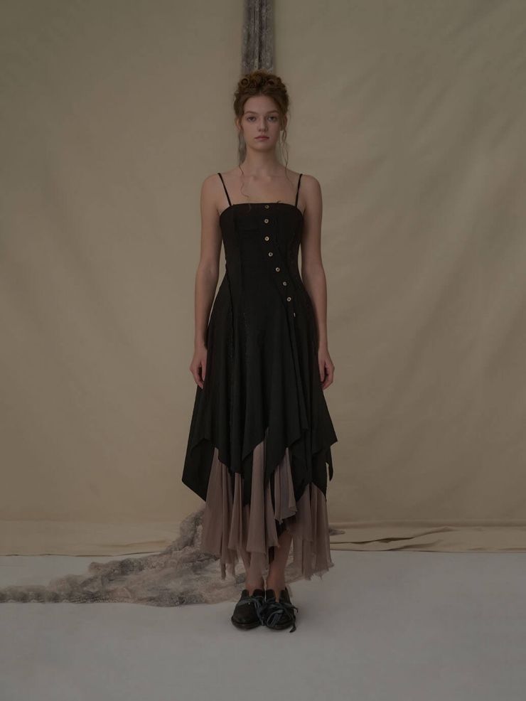 Black slant split camisole dress