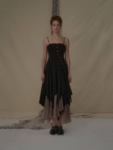 Black slant split camisole dress
