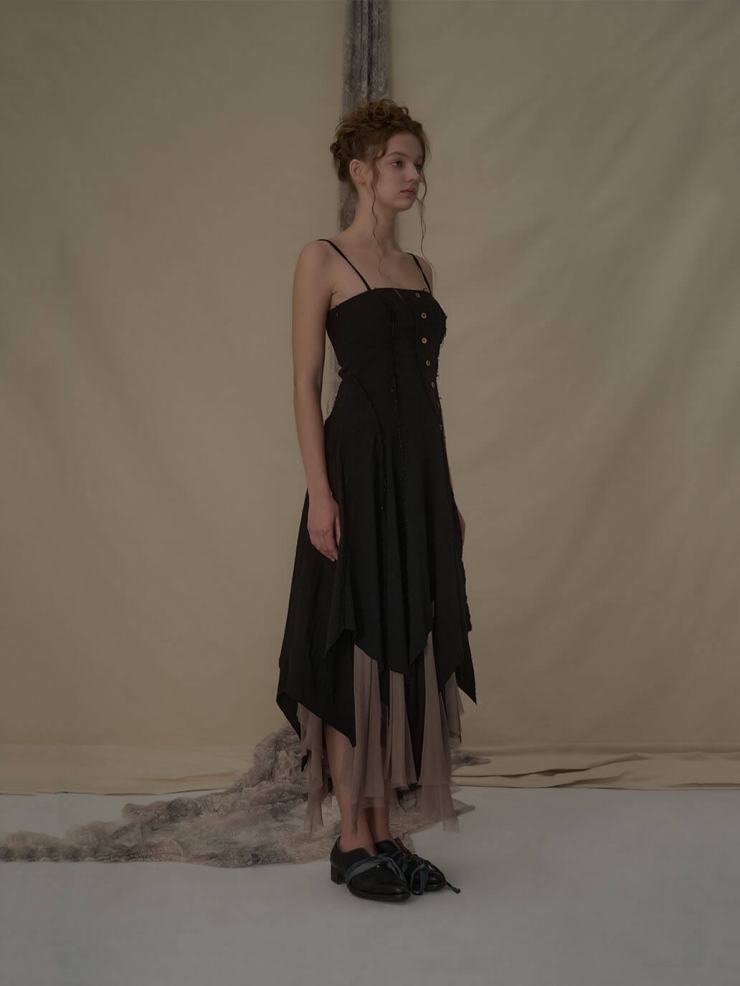 Black slant split camisole dress
