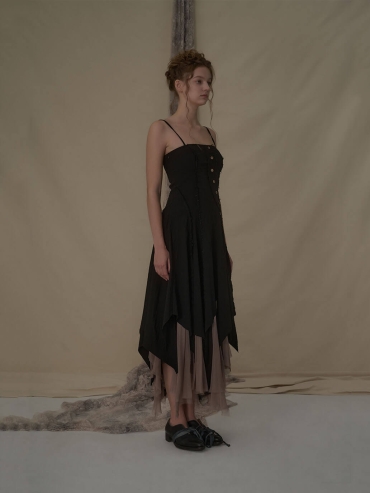 Black slant split camisole dress