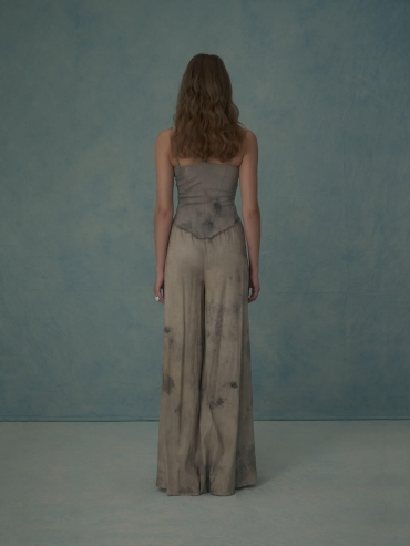 Grey silk slit wide-leg trousers