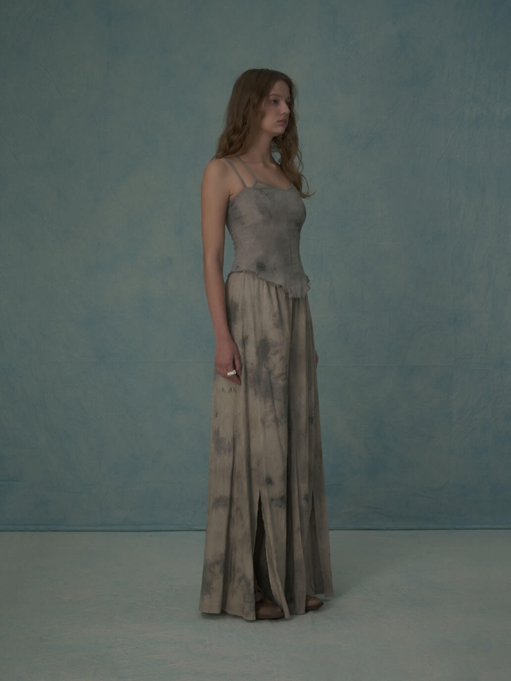 Grey silk slit wide-leg trousers