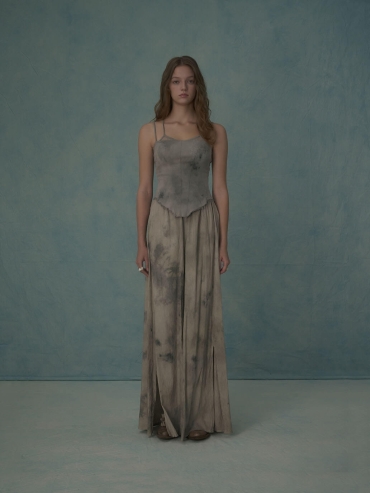 Grey silk slit wide-leg trousers