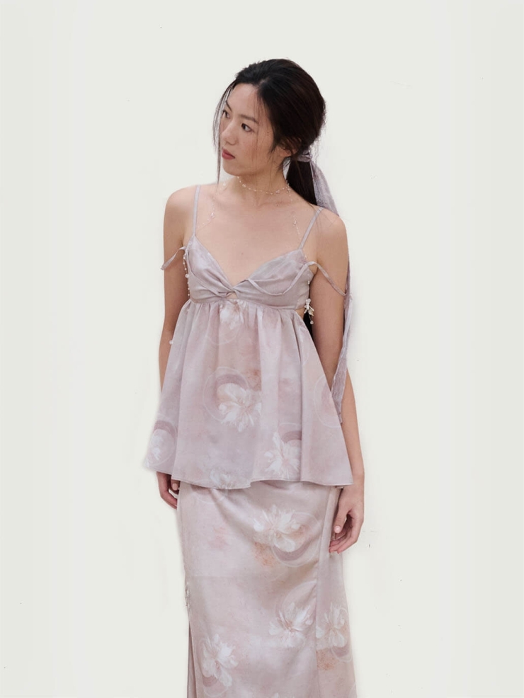 Pink Crushed Porcelain Flower Print Acetate Button Down Pink Halter Backless Top