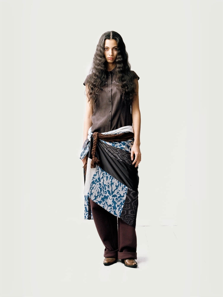 Black&White Ethnic&Vintage Print Pattern Panelled Silk Scarf